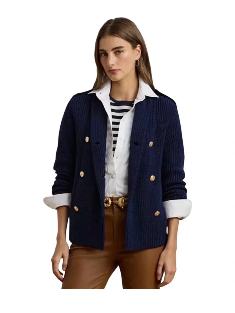 Ralph Lauren Petite Navy Ribbed Knit Cardigan with gold buttons. Size M. EUC.